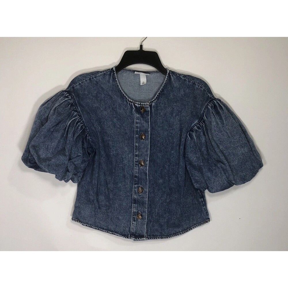Future Collective Women’s MedWash Denim Cropped Bubble Puffed Sleeve Top XS